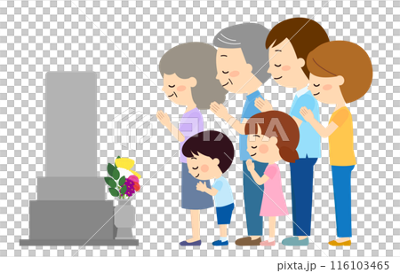 墓参りに来た三世帯家族 116103465