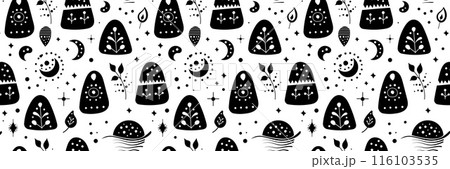 Seamless neo folk art vector pattern with mountains, moon and flowers, black and white floral design. Neo folk style endless background perfect for textile design. 116103535