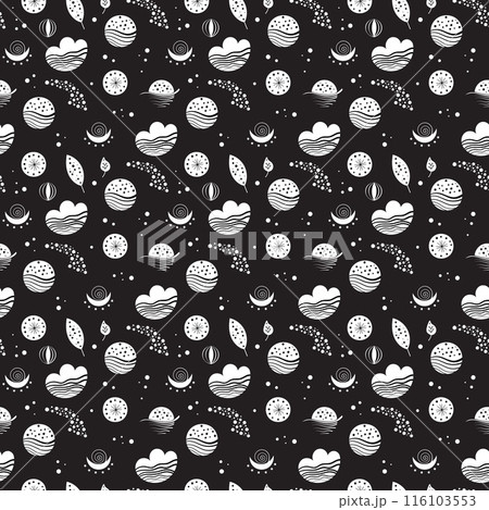 Seamless neo folk patterns with moon, cloud, sun and stars, black and white celestial design. Set Neo folk style endless backgrounds perfect for textile design. Seamless neo folk patterns with moon, cloud, sun and stars, black and white celestial design. Set Neo folk style endless backgrounds perfect for textile design. 116103553