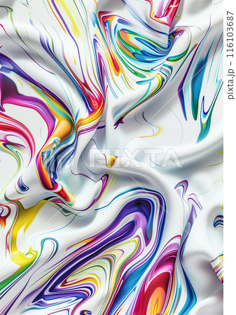 Abstract pattern with bright and rich colors. Swirls of many accent colors intertwine against a white background, creating an effect of movement and fluidity. 116103687
