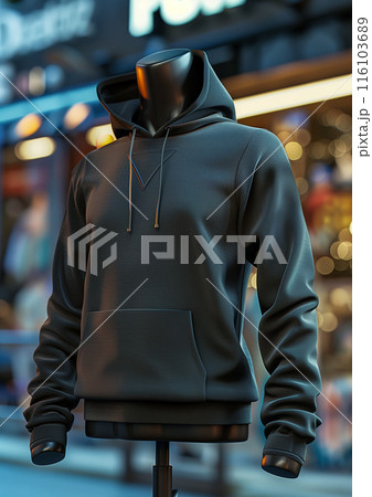 Advertisiment shot, black elegant sports hoodie as no brand mockup on a mannequin in a store window on background Advertisiment shot, black elegant sports hoodie as no brand mockup on a mannequin in a store window on background 116103689
