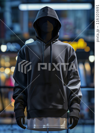 Advertisiment shot, minimalistic black sports hoodie as no brand mockup on a mannequin in the shop on background Advertisiment shot, minimalistic black sports hoodie as no brand mockup on a mannequin in the shop on background 116103691
