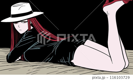 うつ伏せになっている若い色っぽい女性：シルクハットをかぶり黒い服を着て赤いハイヒールを履いている