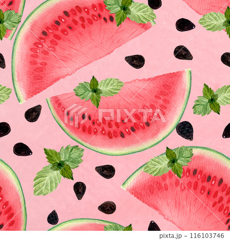 Watermelon juicy slices with black seeds and mint leafs. Watercolor seamless pattern on pink background, hand drawn for food design. Packages, textile, wrapping paper, ice cream, logo, kitchen decor Watermelon juicy slices with black seeds and mint leafs. Watercolor seamless pattern on pink background, hand drawn for food design. Packages, textile, wrapping paper, ice cream, logo, kitchen decor 116103746