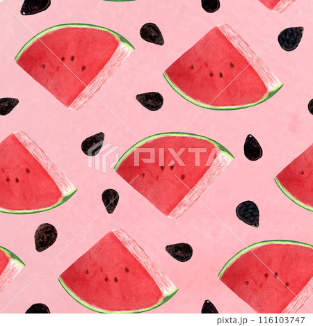 Watermelon juicy slices with black seeds. Watercolor seamless pattern on pink background, high quality hand drawn for food design. Packages, textile, wrapping paper, ice cream label, logo, kitchen 116103747