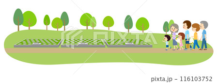 自然の中にある合葬墓地にお墓参りに来た家族 116103752