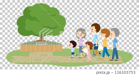 A family visiting a grave at a tree burial cemetery 116103753