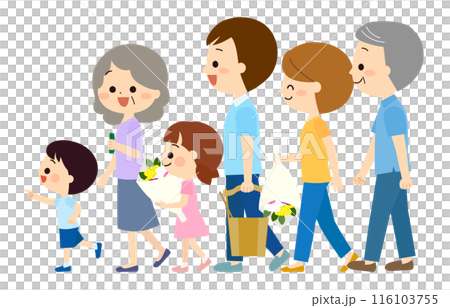 Smiling three-generation family visiting a grave 116103755