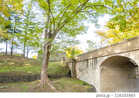 上田城跡公園　二の丸橋　二の丸東虎口　二の丸跡　けやき並木遊歩道　上田丸子電鉄真田傍陽線　公園前駅 116103865