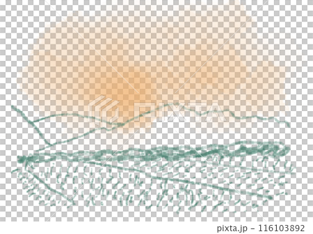 被夕陽染紅的天空、山脈和稻田的線條描插圖 116103892