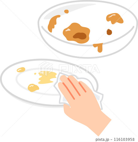 食器の汚れを紙で拭き取る手 116103958