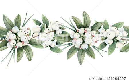 Snowberry branches and white berries watercolor seamless border illustration. Hand drawn Christmas plant botanical banner for winter holidays and New Year Snowberry branches and white berries watercolor seamless border illustration. Hand drawn Christmas plant botanical banner for winter holidays and New Year 116104007