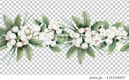 Snowberry branches and white berries watercolor seamless border illustration. Hand drawn Christmas plant botanical banner for winter holidays and New Year Snowberry branches and white berries watercolor seamless border illustration. Hand drawn Christmas plant botanical banner for winter holidays and New Year 116104007
