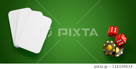 3d blank playing cards mockup with poker chips and dice on green casino table background. Gold black gambling money tokens and red cubes for blackjack or board games, luxury banner. 3D illustration 116104014