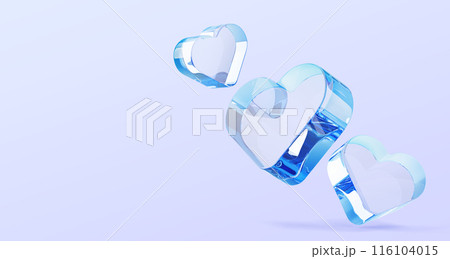 3d abstract liquid glass transparent hearts render background. Valentine sale banner with blue glossy crystal bubbles romantic love symbols and empty space for Mother day or wedding. 3D illustration 116104015