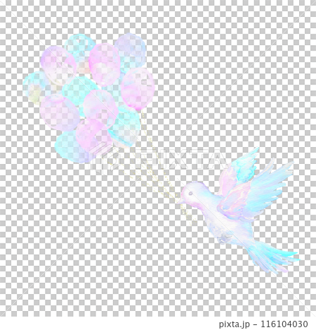 Icon of a flapping bird holding a bunch of festive balloons. Watercolor illustration. 116104030
