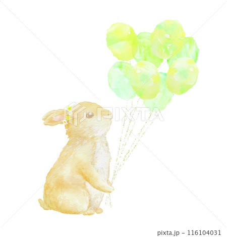 黄色い風船の束をもつ子ウサギのアイコン。水彩イラスト。 116104031