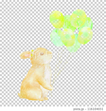 拿著一堆黃色氣球的小兔子的圖示。水彩插圖。 拿著一堆黃色氣球的小兔子的圖示。水彩插圖。 116104031
