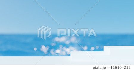 青い海の背景に白い階段の台座。3D(横長) 青い海の背景に白い階段の台座。3D(横長) 116104215