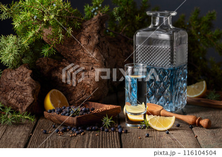Gin with ingredients on an old wooden table. Gin with ingredients on an old wooden table. 116104504