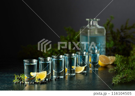 Gin with juniper berries and lemon slices. Gin with juniper berries and lemon slices. 116104505
