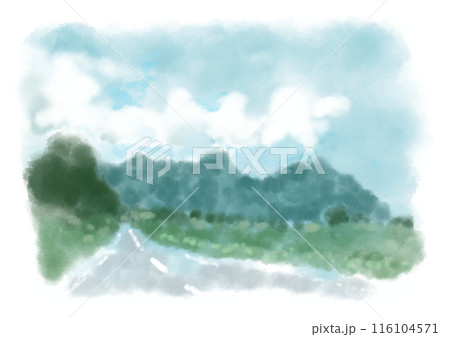 青空に雲と山並みの見える田舎道のドライブ風景イラスト 116104571