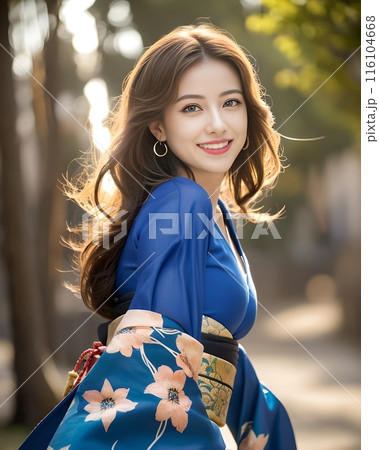 並木道の古道で、青い目をした欧米人の女性が祭りの着物を着て振り返る 116104668