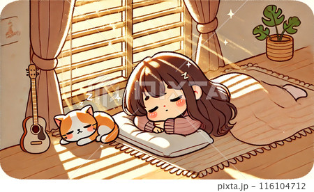 昼寝をする猫と女の子 昼寝をする猫と女の子 116104712