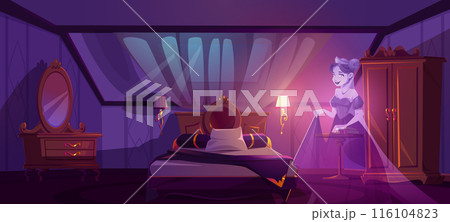 Haunted house interior with ghost of young woman 116104823