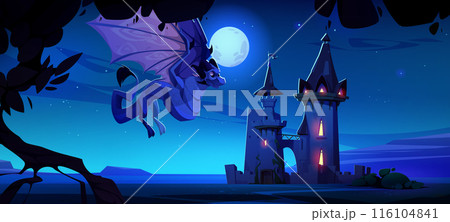 Spooky fantasy dragon flying near castle at night.のイラスト素材 [116104841 ...