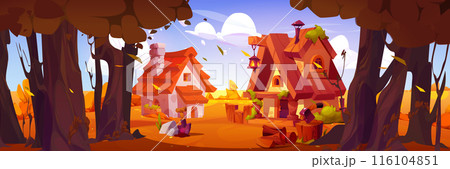 Cozy village houses in autumn forest 116104851