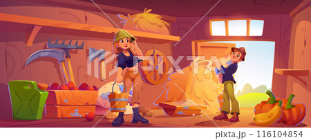 Farmer people in barn interior 116104854