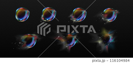 Iridescent soap bubble burst sequence steps 116104984