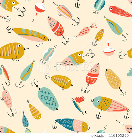 Fishing lures seamless pattern. Cute colorful fishing hook background. Vector Fathers day wallpaper, print for Dad 116105299