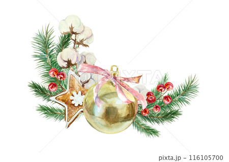 Golden ball, Christmas tree toy, fir branches, cotton sprig, berries, ginger cookies. Hand drawn watercolor illustration isolated on white. For New Year cards, invitations, labels, banners, posters. Golden ball, Christmas tree toy, fir branches, cotton sprig, berries, ginger cookies. Hand drawn watercolor illustration isolated on white. For New Year cards, invitations, labels, banners, posters. 116105700