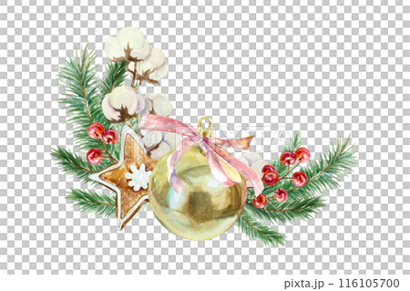 Golden ball, Christmas tree toy, fir branches, cotton sprig, berries, ginger cookies. Hand drawn watercolor illustration isolated on white. For New Year cards, invitations, labels, banners, posters. Golden ball, Christmas tree toy, fir branches, cotton sprig, berries, ginger cookies. Hand drawn watercolor illustration isolated on white. For New Year cards, invitations, labels, banners, posters. 116105700