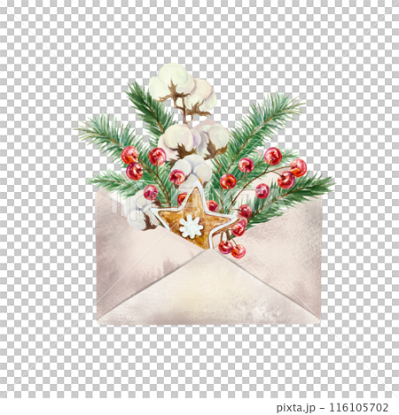 Christmas envelope, fir branches, cotton sprig, berries, ginger cookies. Hand drawn watercolor illustration isolated on white background. For New Year cards, invitations, posters, banners, covers. 116105702