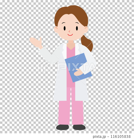 Illustration of a young female doctor wearing a white coat 116105838