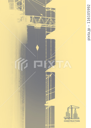 Construction of a building with a crane in the background, silhouette photo. High light key. Logo on background 116105992