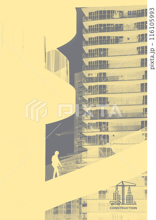 Construction of a building with a crane in the background, silhouette photo. High light key. Logo on background Construction of a building with a crane in the background, silhouette photo. High light key. Logo on background 116105993