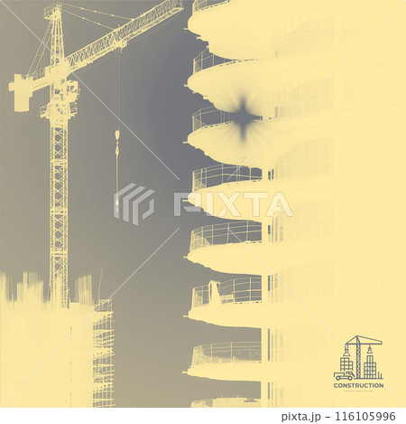 Construction of a building with a crane in the background, silhouette photo. High light key. Logo on background Construction of a building with a crane in the background, silhouette photo. High light key. Logo on background 116105996