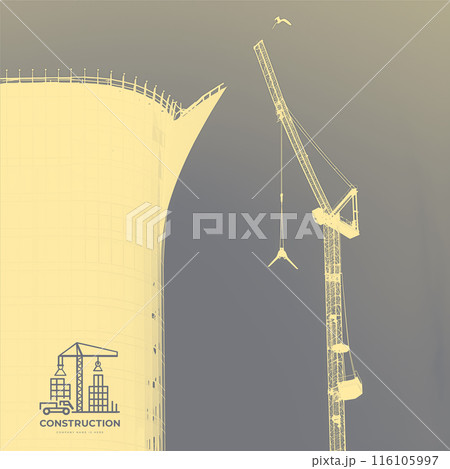 Construction of a building with a crane in the background, silhouette photo. High light key. Logo on background Construction of a building with a crane in the background, silhouette photo. High light key. Logo on background 116105997