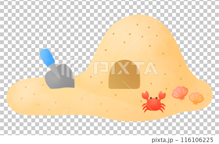砂で作った山とスコップとカニと貝殻のイラスト 116106225