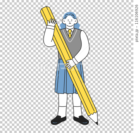 A female student in uniform holding a large pencil A female student in uniform holding a large pencil 116106926