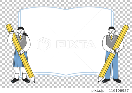 Male and female students in uniforms holding large pencils in their hands, with a frame background of books Male and female students in uniforms holding large pencils in their hands, with a frame background of books 116106927