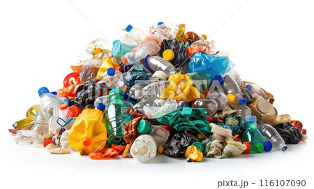 Large pile of mixed plastic waste, including bottles and containers, isolated on white background. Useful for illustrating pollution and environmental campaigns. 116107090