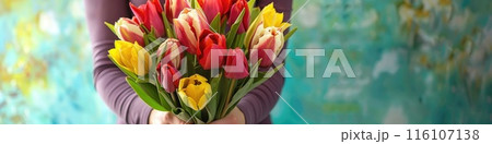 A woman tender grasp cradles a vivid array of tulips A woman tender grasp cradles a vivid array of tulips 116107138