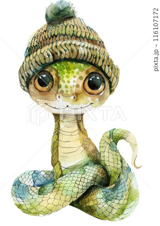 A charming watercolor snake with large, endearing eyes 116107172