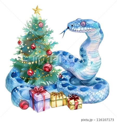Whimsical Watercolor of Snake Celebrating Christmas with Festive Tree and Gifts 116107173