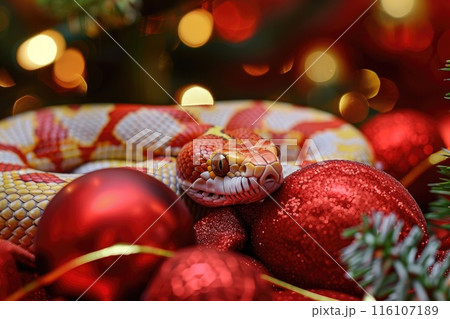 Vibrant Color Snake Coiled Among Festive Red Berries 116107189